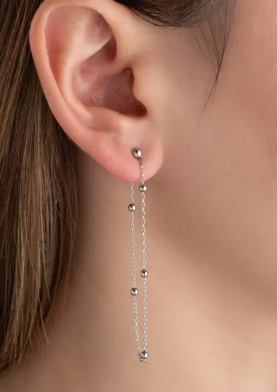 Gümüş Çift Zincirli Top Detaylı Kadın Küpe