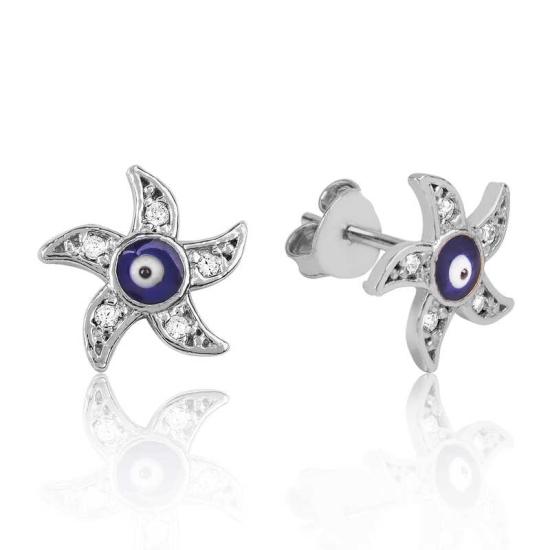 Silver Evil Eye Starfish Stud Earrings