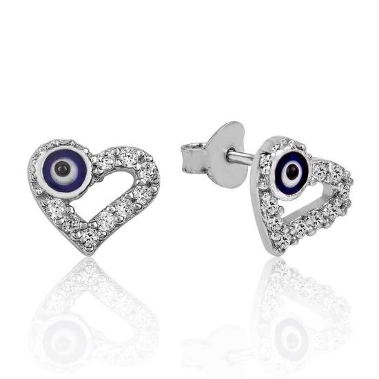 Silver Heart Evil Eye Stud Earrings