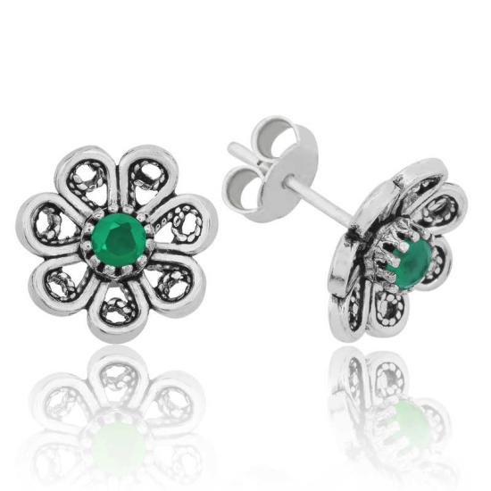Silver Green Filigree Flower Stud Earrings