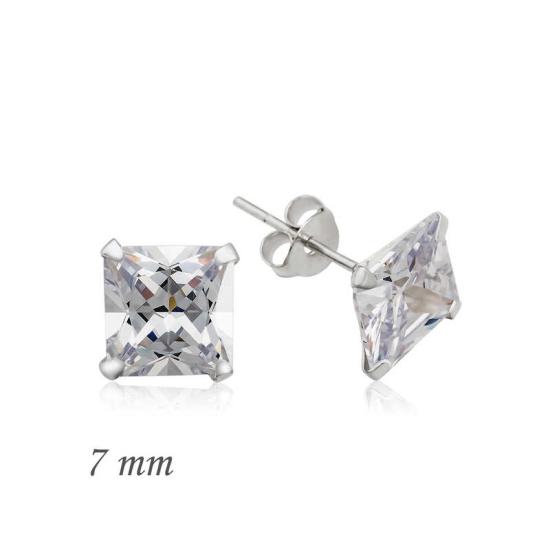 Silver Square Single Stone Zircon Earrings - 7 mm