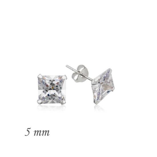 Silver Square Single Stone Zircon Earrings - 5 mm