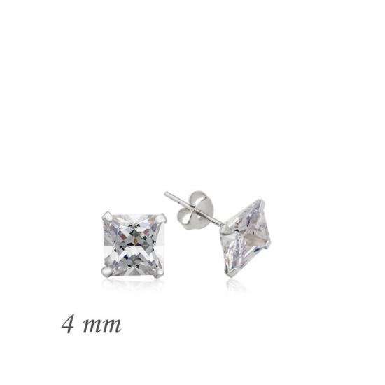 Silver Square Single Stone Zircon Earrings - 4 mm