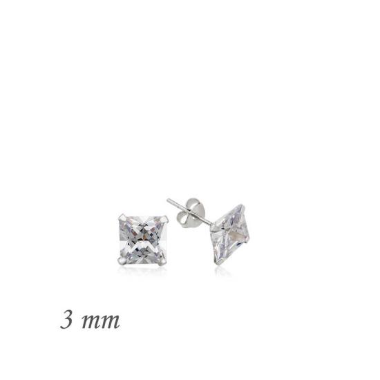 Silver Square Single Stone Zircon Earrings - 3 mm