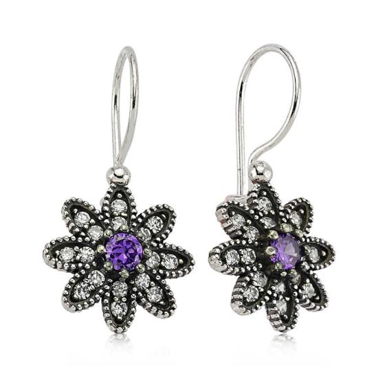 Silver Purple Stone Flower Earrings