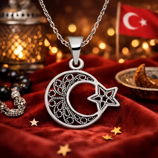 Gümüş Ay Yıldız Telkari Bayan Kolye