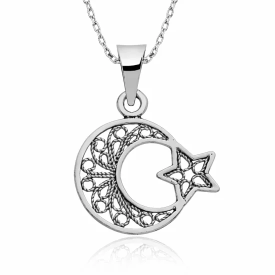 Gümüş Ay Yıldız Telkari Bayan Kolye