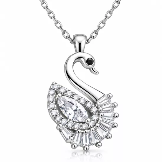 925 Sterling Silver Swan Necklace with White CZ