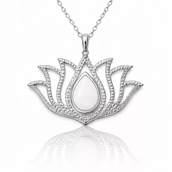 Gümüş Beyaz Opal Taşlı Lotus Kadın Kolye