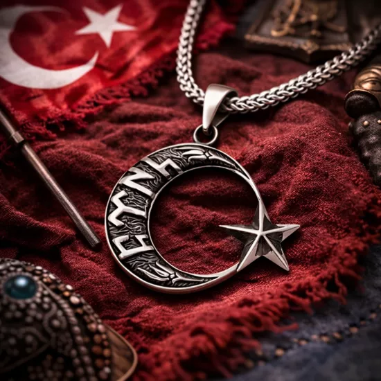Silver Gokturk Turkish Written Crescent Star Men’s Necklace
