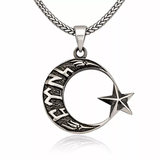 Silver Gokturk Turkish Written Crescent Star Men’s Necklace