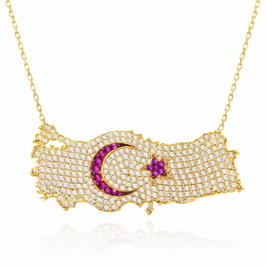 Gümüş Gold Ay Yıldız Türkiye Haritası Kadın Kolye