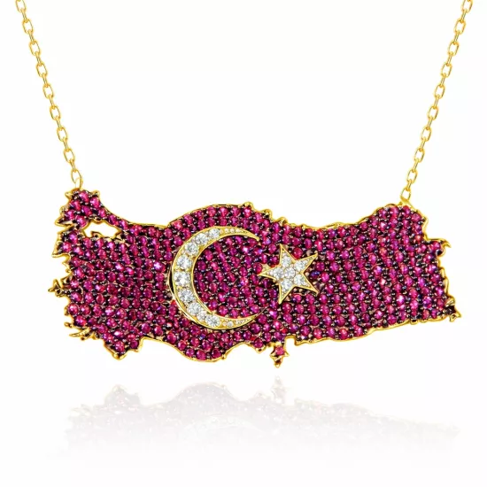 Gümüş Gold Ay Yıldız Türkiye Haritası Kadın Kolye