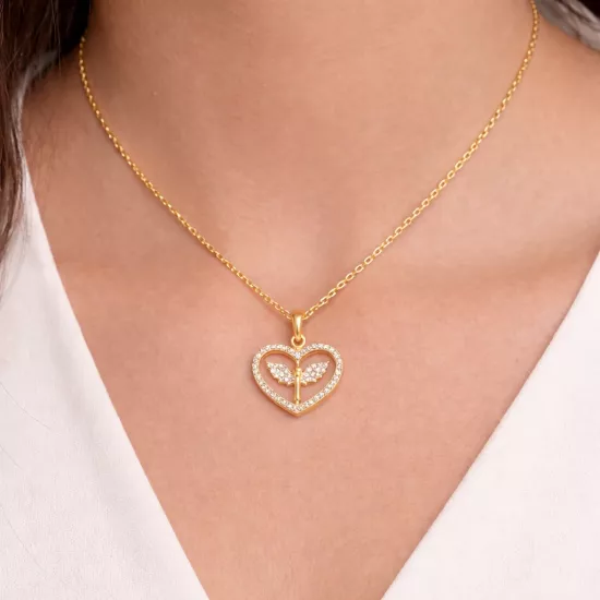 Gümüş Gold Mikail Meleği Figürlü Kalp Kadın Kolye