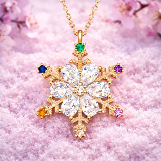 Gümüş Gold Renkli Taşlı Kar Tanesi Kadın Kolye