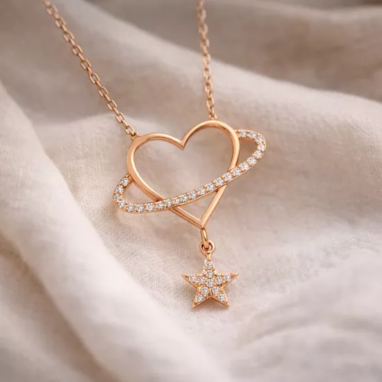 Gümüş Rose Kalp Yıldız Kadın Kolye