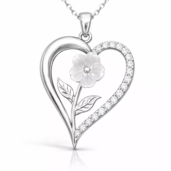 Gümüş Kalpli Beyaz Gül Kadın Kolye