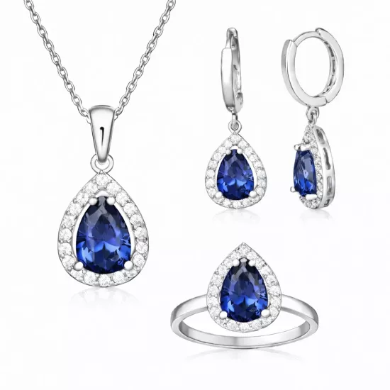 Sterling Silver 925 Blue CZ Stone Teardrop Set