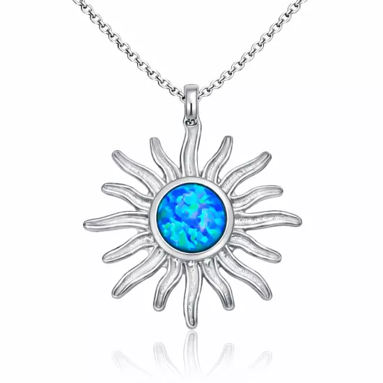 Silver Blue Opal Stone Sun Women’s Necklace