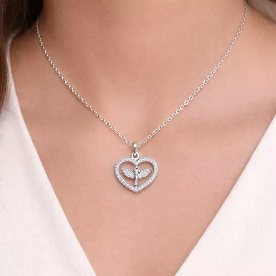 Gümüş Mikail Meleği Figürlü Kalp Kadın Kolye