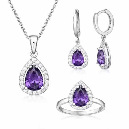Sterling Silver 925 Purple CZ Stone Teardrop Set