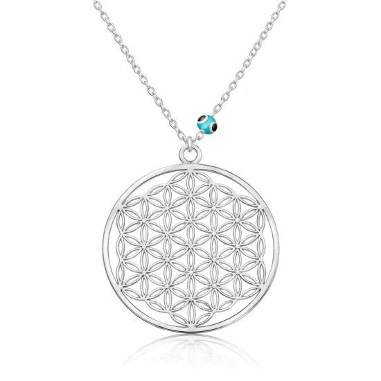 Silver Evil Eye Flower of Life Necklace