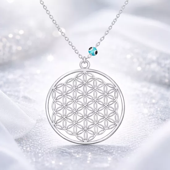 Silver Evil Eye Flower of Life Necklace