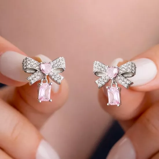 925 Sterling Silver Pink Stone Bow Earrings
