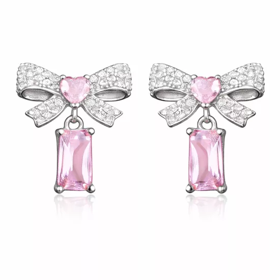 925 Sterling Silver Pink Stone Bow Earrings