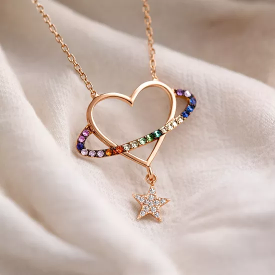 Gümüş Rose Kalp Yıldız Kadın Kolye