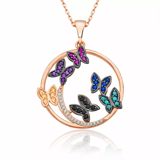 Silver Rose Butterfly Circle Women’s Necklace
