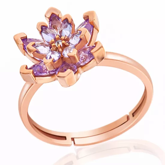 Silver Rose Lilac Stone Lotus Flower Women’s Ring