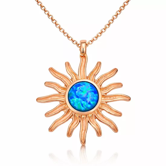 Silver Rose Blue Opal Stone Sun Women’s Necklace