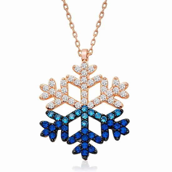 Gümüş Rose Mavi Taşlı Kar Tanesi Kolye
