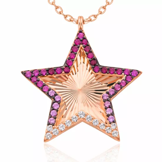 Silver Rose Pink Ruffle Patterned Star Women’s Necklace