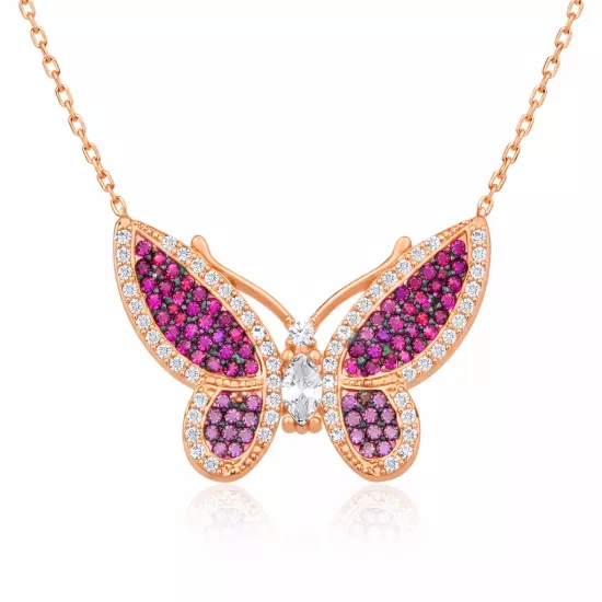 Silver Rose Pink Butterfly Women’s Necklace