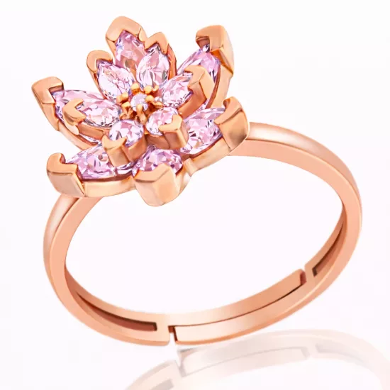 Silver Rose Pink Stone Lotus Flower Women’s Ring