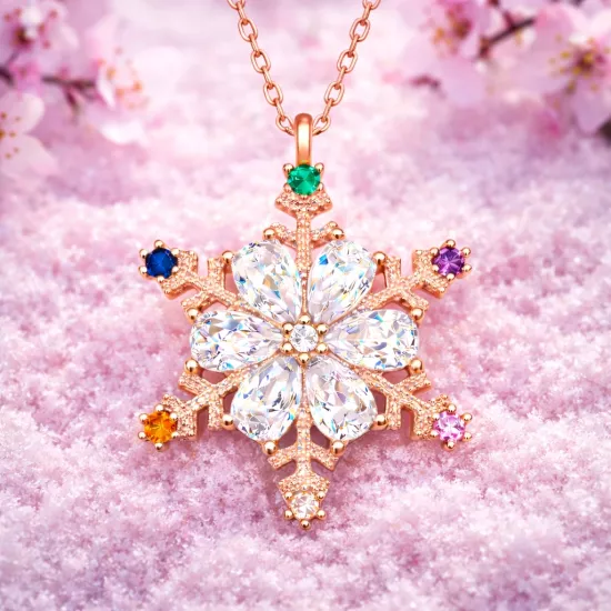 Gümüş Rose Renkli Taşlı Kar Tanesi Kadın Kolye