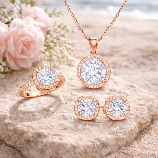 925 Sterling Silver Rose Plated Halo Set