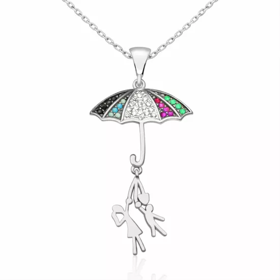 Silver Umbrella Holding Lovers Necklace