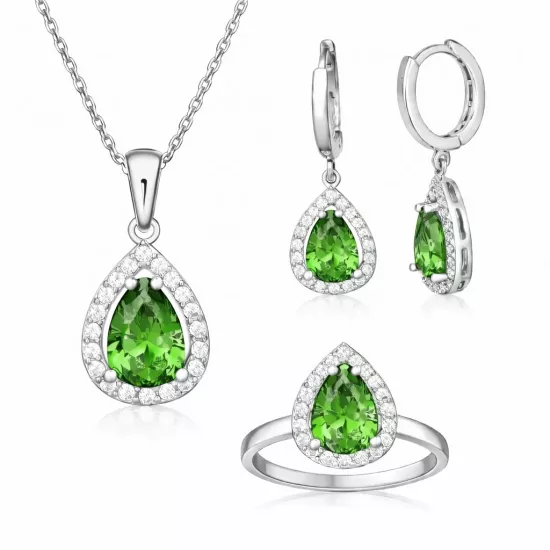 Sterling Silver 925 Green CZ Stone Teardrop Set