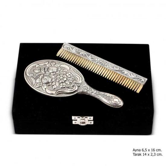 Magnolia Motif Mirror Comb Silver Set