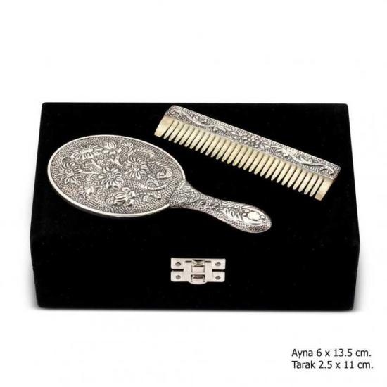 Daisy Motif Mirror Comb Silver Set