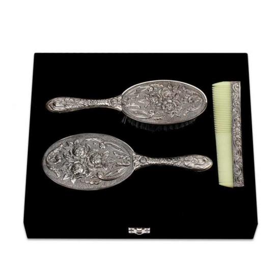 Silver Mirror Comb Brush Set - 3 Pieces