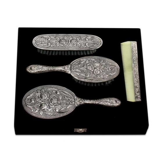 Silver Mirror Comb Brush Set - 4 Pieces
