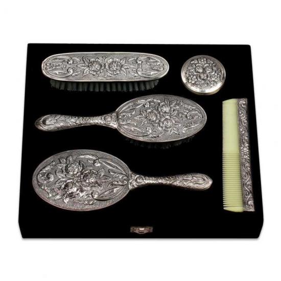 Silver Brush Comb Mirror Set - 5 Pieces