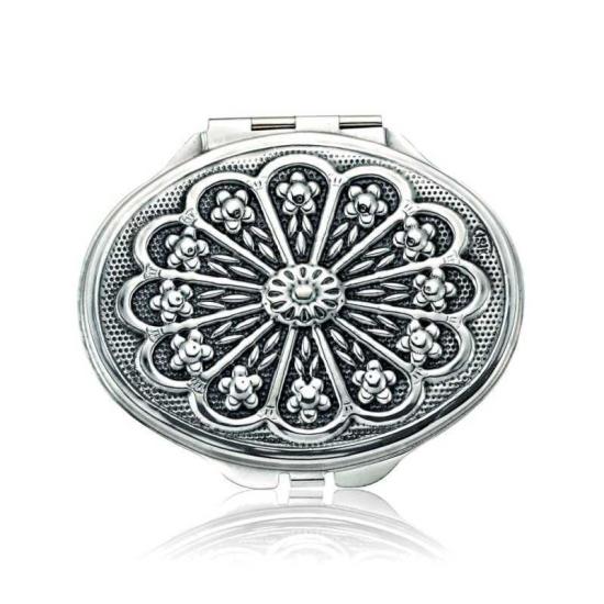 Oval Hand Mirror with Silver Daisy Motif Lid
