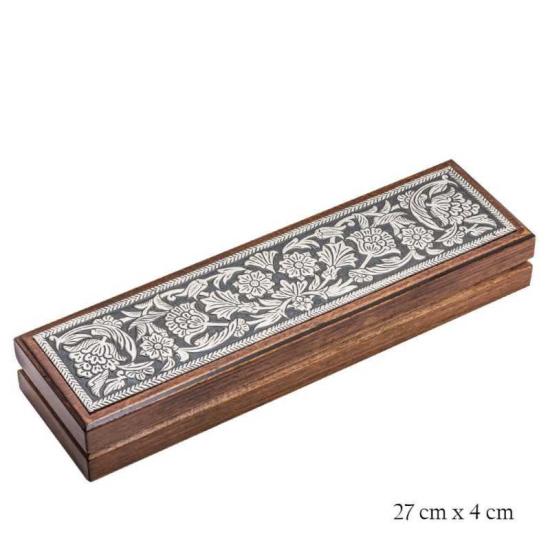 Wooden Prayer Beads Box with Silver Flower Pattern