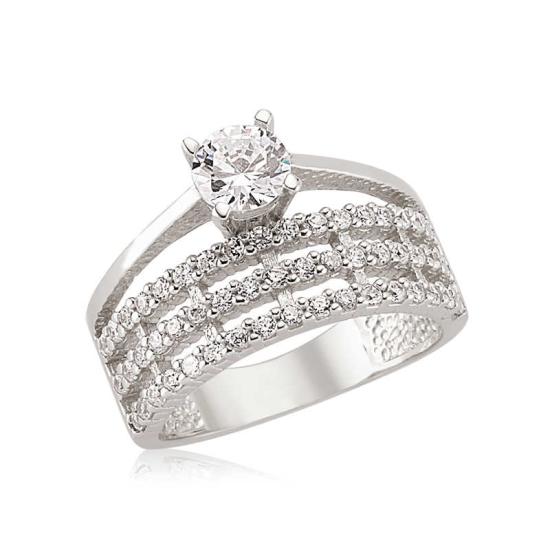 Silver Three Row Single Stone Women’s Ring