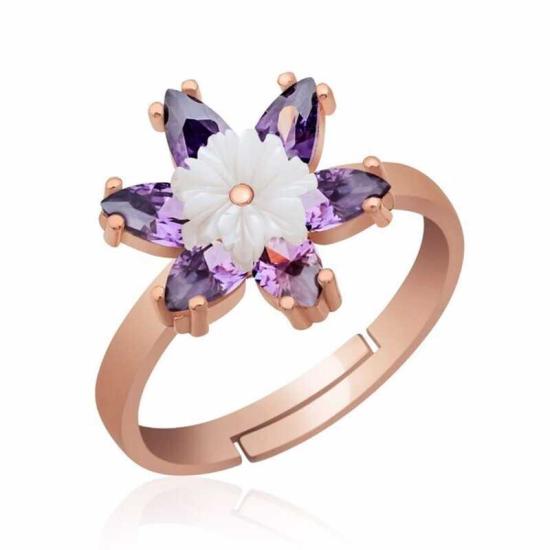 Silver Rose Purple Lotus Flower Ring